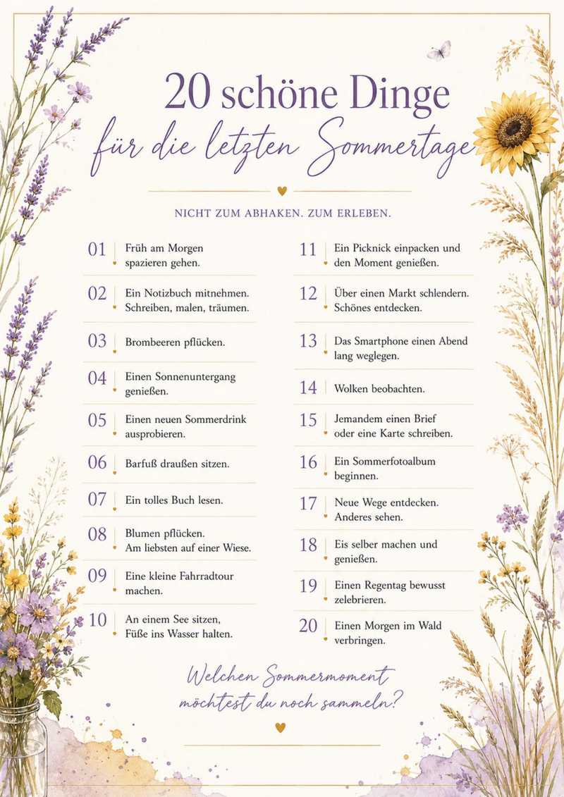 20 schöne Dinge für die letzten Sommertage PDF zum Ausdrucken